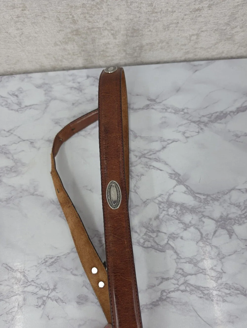 Vintage Brown Leather Western Concho Men's Belt with Silver Tone Buckle Aztec